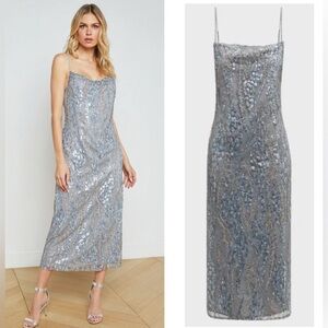 L'Agence Achilles Cowl-Neck Sequined Slip Dress blue NWT